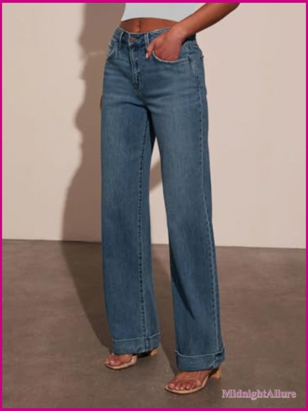 Wide Leg Baggy High Waist Straight Leg Stretchy Denim Pants - Picture 3 of 4